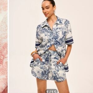 NWT Dior Like Patterned Commense Blue and White High Waist Short Set